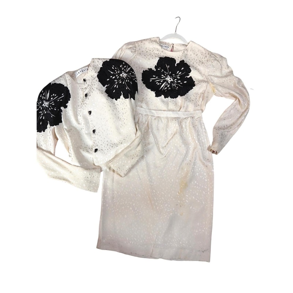 David Hayes Silk 3pc Skirt Suit Set | Cream Black Floral | Vintage 80s Designer